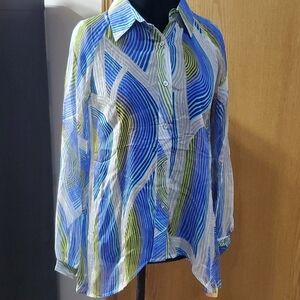 2OH silk blue green sheer color wave asymmetric long sleeve shirt